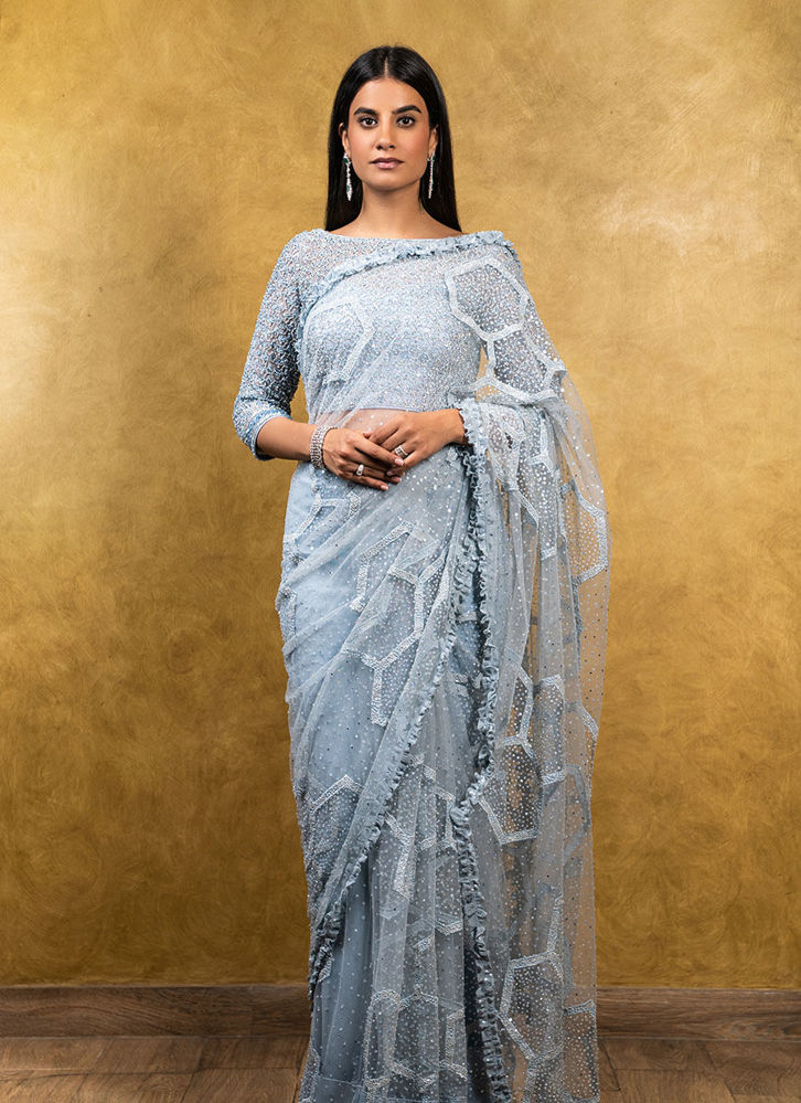 Powder Blue Tulle Patchwork Saree Meraki